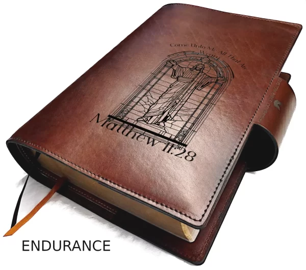 JESUS Stained Glass Window Leather BIBLE Cover Endurance